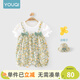 優(yōu)奇女寶寶衣服夏季短袖薄款爬服假兩件背帶小公主哈衣夏裝嬰兒連體衣 青枝綠+同款帽子 90cm