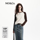 MO&Co.美式復古撞色插肩袖針織衫刺繡LOGO有彈長(cháng)袖合身摩安珂 深咖啡色 S 160