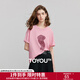 初語(yǔ)棉質(zhì)抽象卡通圖案T恤女2025夏季新款圓領(lǐng)寬松休閑減齡上衣 淺粉色 L