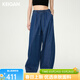 KEIGAN開(kāi)間 抽繩松緊腰牛仔褲 九分弧形寬松企鵝闊腿女士休閑褲福利回饋 島嶼海藍 L 38