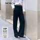 MO&Co.休閑褲橡筋織帶拼接低腰長(cháng)直筒垂感闊腿西褲長(cháng)褲通勤風(fēng)摩安珂 黑色 S 160