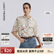 朗姿真絲印花系帶荷葉領(lǐng)襯衫女士度假桑蠶絲上衣夏季新款 米白色 2XL