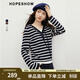 紅袖顯瘦條紋毛針織衫2025冬季新款女裝假兩件撞色拼接抽繩連帽上衣 藏青條703 M