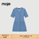 Maje2025秋冬女裝法式時(shí)尚花呢藍色單排扣開(kāi)合門(mén)襟V領(lǐng)收腰連衣裙 藍色 S