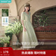 茵曼（INMAN）法式薄荷曼波連衣裙2024夏女裝新品V領(lǐng)燈籠袖抽繩 水沫綠 S