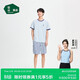 松山棉店萌寵條紋短袖短褲套裝情侶睡衣夏棉莫家居服寬松男士-淺藍L