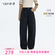 飛鳥(niǎo)和新酒磨毛高腰牛仔褲女深色2025冬季新款寬松顯瘦厚直筒女褲 藏藍HCH08 S