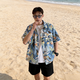 MOLOON泳衣男海邊度假百搭花襯衫短袖痞帥夏威夷復古風(fēng)寬松沙灘襯衣外套 1189藍色 XL （建議125-145斤）