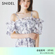 SNIDEL春夏露肩泡泡袖荷葉邊收腰印花連衣裙SWFO252063 深藍 M (1)