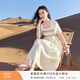 香影民族風(fēng)度假連衣裙女2026夏季新款荷葉袖彩條刺繡高腰方領(lǐng)裙子 米色 L