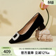 千百度絨面高跟鞋秋季新款單鞋女通勤粗跟羊皮女鞋淺口晚晚鞋 黑色 36