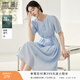 香影藍色天絲連衣裙女2026夏季新款萊賽爾收腰系帶圓領(lǐng)泡泡袖裙子 藍色 L 165/88A/110-125斤
