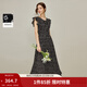 茵曼（INMAN）法式茶歇碎花連衣裙2026春季女裝新款V領(lǐng)飛袖荷葉邊收腰長(cháng)裙  黑底白花 L