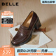 百麗（Belle）復古抓皺面羊皮樂(lè )福鞋女2026春新粗跟氣質(zhì)通勤單鞋B2948AA6 棕色 37 (235mm)