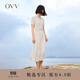 OVV春夏熱賣(mài)女裝復古優(yōu)雅翻領(lǐng)短袖休閑彈力針織連衣裙 米杏條紋14 L