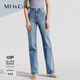 MO&Co.牛仔褲春夏復古洗水磨白棉質(zhì)手磨貓須精裁高腰直筒利落摩安珂 牛仔淺藍色 M