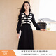香影v領(lǐng)收腰連衣裙女2025秋冬新款針織拼接條紋簡(jiǎn)單大方長(cháng)袖裙子 黑色 S