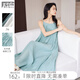 對白海邊度假風(fēng)吊帶連衣裙女2026夏季新款法式寬松顯瘦褶皺長(cháng)裙子 海鹽藍 S