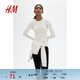 H&M女裝T恤春季彈性圓領(lǐng)修身舒適休閑長(cháng)袖款打底衫內搭上衣1191700 米色 S 160/88
