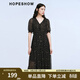 紅袖（hopeshow）2025夏季新款女裝 波點(diǎn)字母印花木耳邊拼接泡泡袖V領(lǐng)連衣裙 黑底米點(diǎn)818 S