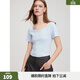 ELLE法式方領(lǐng)正肩短袖女2026夏季新款設計感修身純棉小眾T恤上衣 藍色 L