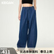 KEIGAN開(kāi)間 抽繩松緊腰牛仔褲 九分弧形寬松企鵝闊腿女士休閑褲福利回饋 島嶼海藍 L 38