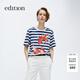 editionT恤女金鱗新春系列錦鯉印花清爽藍白條紋短袖純棉上衣 藍白條色 S