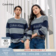Calvin KleinJeans秋冬男女情侶羊毛混紡ck條紋提花圓領(lǐng)內搭打底針織衫毛衣 P7E-藍灰條紋 M