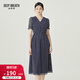 深呼吸DEEP BREATH女裝法式V領(lǐng)網(wǎng)紗彈力松緊腰印花連衣裙A500294 藍白 XL (5)