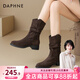 達芙妮復古褶皺堆堆靴女靴秋冬季新款時(shí)尚酷颯百搭彈力靴短靴子 棕色單里 38