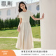 香影圓領(lǐng)短袖連衣裙女2026夏季新款米白色棉質(zhì)大擺收腰木耳邊裙子 米黃 L 165/88A/110-125斤
