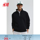 H&M男裝女裝衛衣春季半拉鏈立領(lǐng)保暖加絨重磅潮流情侶套衫1241739 黑色014 XL 180/116