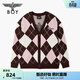 BOY LONDON【鷹菱黑格】春季情侶毛衣菱格撞色繡花開(kāi)衫外套N64010 咖啡格子 XL