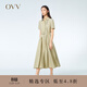 OVV春夏熱賣(mài)女裝抽褶收腰襯衫式版型休閑A字傘裙短袖連衣裙 卡其綠（凈色）07 S