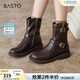 百思圖冬新款潮酷加絨保暖粗跟女馬丁靴通勤皮短靴棉鞋W2551DZ4 棕色絨里 38