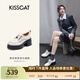 接吻貓KISSCAT女鞋[奧利奧]厚底樂(lè )福鞋秋冬季新款百搭系帶JK真皮小皮鞋 米色牛皮革 34