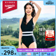 速比濤（Speedo）泳衣女噪點(diǎn)系列抗氯顯瘦復古寬腰帶ins風(fēng)溫泉度假連體泳衣新年禮 黑色/白色(寬腰帶款) M (高158-165cm,重50-57kg)