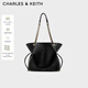 CHARLES&KEITH大容量柔軟抽繩鏈條福袋包托特包包女包女士生日禮物CK2-20782654 Black黑色 L