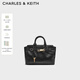 CHARLES&KEITH26春季新品鎖扣褶皺手提凱莉包斜挎包CK2-30271702 NOIR黑色 S