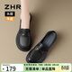 ZHR頭層牛皮樂(lè )福鞋女復古金屬扣粗跟單鞋女圓頭皮鞋女 KL02 黑色 37 