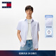 TOMMY JEANS【棉麻混紡】春夏男裝休閑海邊度假風(fēng)細條紋短袖襯衫外套 淺藍白條紋0A8 XS
