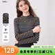 百圖（betu）女裝秋季新款毛針織衫撞色條紋簡(jiǎn)約顯瘦長(cháng)袖上衣女2509D02 咖條紋 L