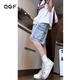 QGF大口袋工裝牛仔短褲女夏季新款小眾運動(dòng)中褲子寬松休閑半截五分褲 淺藍色 M