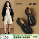 ZHR樂(lè )福鞋女圓頭厚底小皮鞋女山茶花通勤百搭單鞋子 AY297黑色37