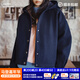 馬登復古藏青色收腰休閑加厚防風(fēng)連帽毛呢呢子外套開(kāi)衫上衣女春 藏青色 M (100-120斤/卡碼拍小)