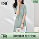 歐莎（OSA）短袖連衣裙子女夏季2025新款收腰顯瘦復古襯衫裙子中長(cháng)款 灰綠色 XL