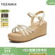 天美意一字帶涼鞋商場(chǎng)同款交叉條帶坡跟百搭女鞋新款COO10BL5 米色 38