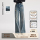 朗姿【精英衣櫥】淺藍色牛仔直筒闊腿休閑褲純棉磨毛褲26年春季新款 淺霧霾藍色 M