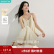 茵曼（INMAN）度假風(fēng)條紋印花串珠吊帶裙2025夏季女裝新品中長(cháng)款連衣裙 黃藍條-18525227C M