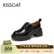 接吻貓KISSCAT【奧利奧】厚底增高樂(lè )福鞋新款真皮系帶小皮鞋學(xué)院風(fēng)單鞋 黑色 35